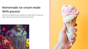 Delicious homemade ice cream PPT slide cone with two scoops against a bright orange backdrop.
