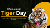 Graphic with fierce tiger, jungle backdrop, and title International Tiger Day above a quote about tiger strength and spirit.
