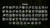 Grid of white outline icons for business, SEO, media tools, and platforms like Facebook, LinkedIn, Twitter, and WhatsApp.