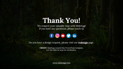 Thank you message with social icons and SlideEgg credit over a forest background, inviting user queries and design requests.
