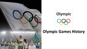 Large Olympic flag waved during ceremony with white panel on right showing Olympic rings and bold title text.