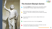 Statue of Zeus on left beside five color-coded facts on the history and religious origins of the Ancient Olympic Games.