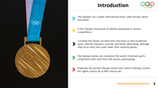 Olympic gold medal on black background beside five points introducing the Games scale, history, and seasonal structure.