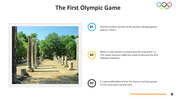 Historic ruins photo beside text about earliest Olympic records, first champion Coroebus, and origin timeline assumptions.
