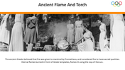 Historic reenactment of Greek women lighting a flame with sunlight, shown with text about sacred fire traditions.