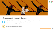 Stylized artwork of athletes with spear above text explaining the male only nature and history of the original Olympic Games.