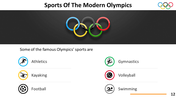 Slide shows Olympic rings above icons and names of popular modern sports like swimming, volleyball, and athletics.