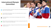 Four Olympic athletes celebrating with gold medals beside text detailing IOC duties, medal ranks, and anthem traditions.