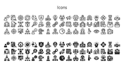 Two rows of assorted business themed icons like graphs, users, settings, strategy symbols, and document elements.