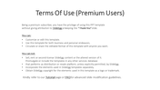 Text slide outlining premium user privileges and limitations, including redistribution rules and content usage policies.