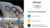 Contact Us slide featuring a person holding an Olympic flag, with contact information like phone, email, and a website link.