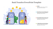 Digital transaction concept featuring two smartphones exchanging money with detailed banking service options.