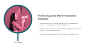 A slide celebrating Women's Equality Day with an image of a woman raising a megaphone, accompanied by a brief description.