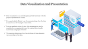 Isometric illustration of data servers, a laptop, and businesspeople with text about data visualization on the left.