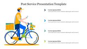 Post service slide featuring a cyclist with packages on a bike, with three arrows pointing right, each paired with a caption.