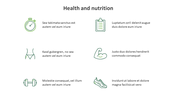 Slide with icons representing aspects of health and fitness, accompanied by placeholder text descriptions.