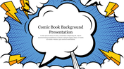 Comic style slide with a central white speech bubble on a blue halftone background surrounded by yellow lightning bolts.
