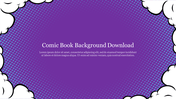 Comic book inspired background slide with a purple dotted halftone pattern and white cloud like edges.