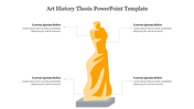 Art history thesis slide featuring a stylized sculpture illustration in the center with four placeholder text areas.