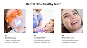 Three panel patient images showcasing dental surgery, family dentistry, and preventive care, each with text below.