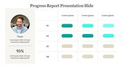 Progress report slide with a circular profile image and a four row, three column table with colored bars on the right.
