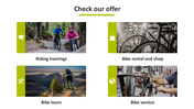 Bicycle PowerPoint template with images of bike tours, rental, service, and training on a white backdrop.