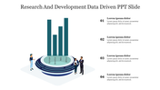 Slide showing a 3D bar chart with teal bars, featuring two figures standing next, and four numbered captions on the right.