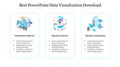 Three teal outlined rectangular boxes featuring data visualization illustations in blue theme and bullet points below.