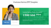 Customer service slide with woman in headset on left, call-to-action number on green background, and talk now button below.