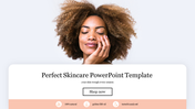 Skincare-themed template featuring a serene woman with curly hair above a clean layout and product details.