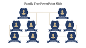 Blue themed family tree PowerPoint slide showing multiple generations with labels for each member on a white backdrop.