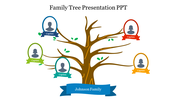 Illustrated family tree with bare branches holding five color avatar frames, featuring a large blue banner at the bottom.