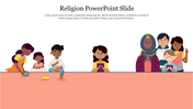 Illustration of diverse people practicing various religions with a peach footer and blank white header space.