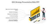 SEO strategy slide with six optimization tip on the left pointing to a yellow analytics screen illustration with a character.