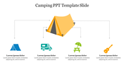 Camping themed PowerPoint slide featuring icons of a tent, RV, picnic area, and guitar, with space for text descriptions.