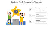 Two illustrated figures holding a yellow star above a podium, paired with three numbered captions on the right.