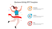 Business erfolg slide with a woman illustration with a red ribbon, surrounded by confetti, and three colored icons with text.
