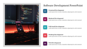 Software development slide with a dark coding setup image on the left and five numbered development categories on the right.