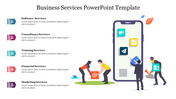 Business services slide with a phone displaying icons for software, consultancy, training, financial, and marketing services.