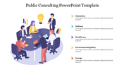 Illustration of professionals discussing around a table, with five consulting categories listed on the right.