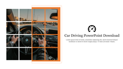 A dynamic image showing a driver's hands on the steering wheel of a BMW, paired with a grid layout and placeholder text.
