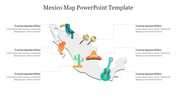 Map design showcasing Mexican cultural elements such as a toucan, sombrero, and guitar with caption areas.