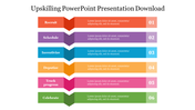 Upskilling process flowchart with pointing chevrons in orange, purple, blue, yellow, pink, and green with numbered steps.