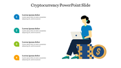 Illustration of a person working on a laptop beside cryptocurrency icons, with four numbered captions on the left.
