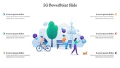 5G PowerPoint slide showing people using technology outdoors, with icons representing connectivity features.