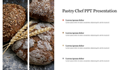 Split layout of bread with wheat stalks, and four vertically aligned colored text boxes on the right.