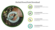 Herbal slide with large green bordered circle image of hand pouring liquid into mortar, and four herbal icons with captions.