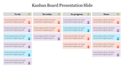 A colorful project management PPT slide featuring a Kanban board with task items in different stages of progress.