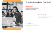 Training PowerPoint slide showing a diverse group of professionals working together around a laptop with descriptions.