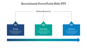 Recruitment slide with three geometric shapes in navy, teal, and blue, represent steps, linked to a gradient arrow below.